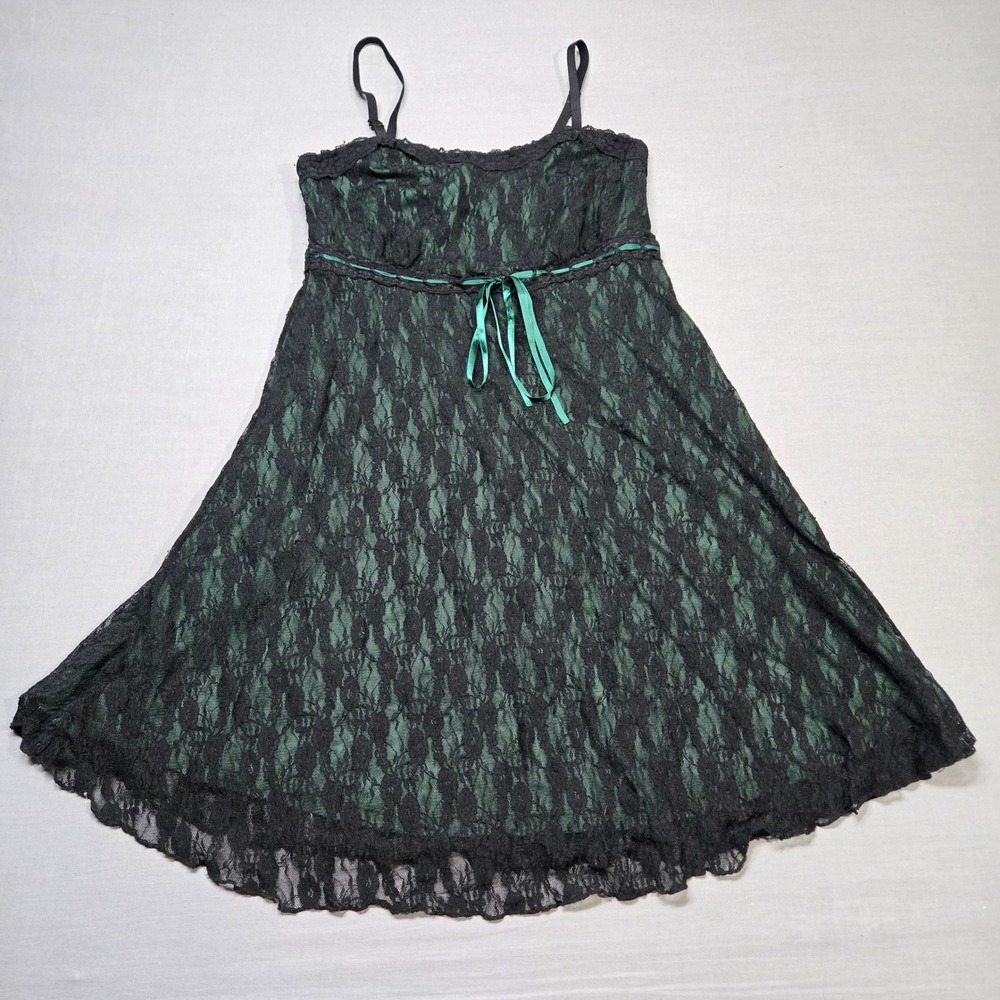 Y2K‎ Black Green Lace Slip Dress Whimsigoth Dark Academia Grunge Babydoll Top